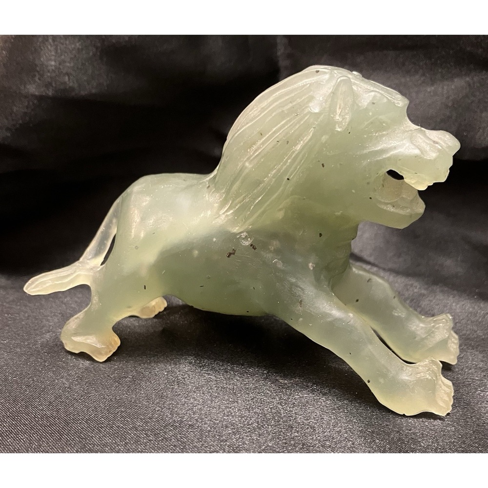 Chinese Serpentine Green Hand Carved Foo Dog Guardian Lion Statue Sculpture